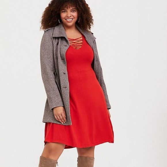 ✨3xHP✨RED SWEATER-KNIT LATTICE SKATER DRESS✨ - Picture 1 of 9